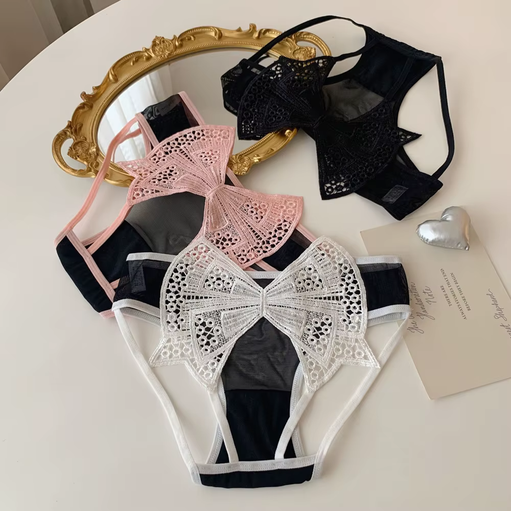 Culotte femme noeud papillon pour les fesses creux Lingerie Sexy transparent creux sous-vêtements en dentelle Style Sexy