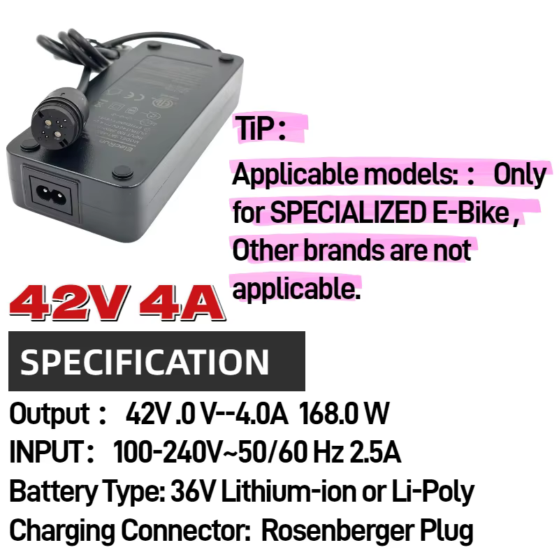 Chargeur de vélo électrique Elecrun 42V 4A /2A compatible avec la batterie Li-Ion 36V RoPd 6 broches Specialized Turbo