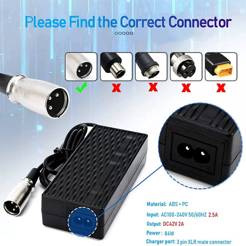 Chargeur de vélo électrique 42V XLR 3 broches pour pneus larges Swagtron EB6