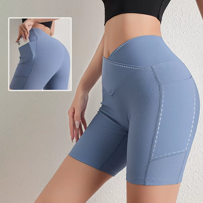 Short de vélo rembourré à bande croisée pour femme – Taille haute amincissante avec poches latérales