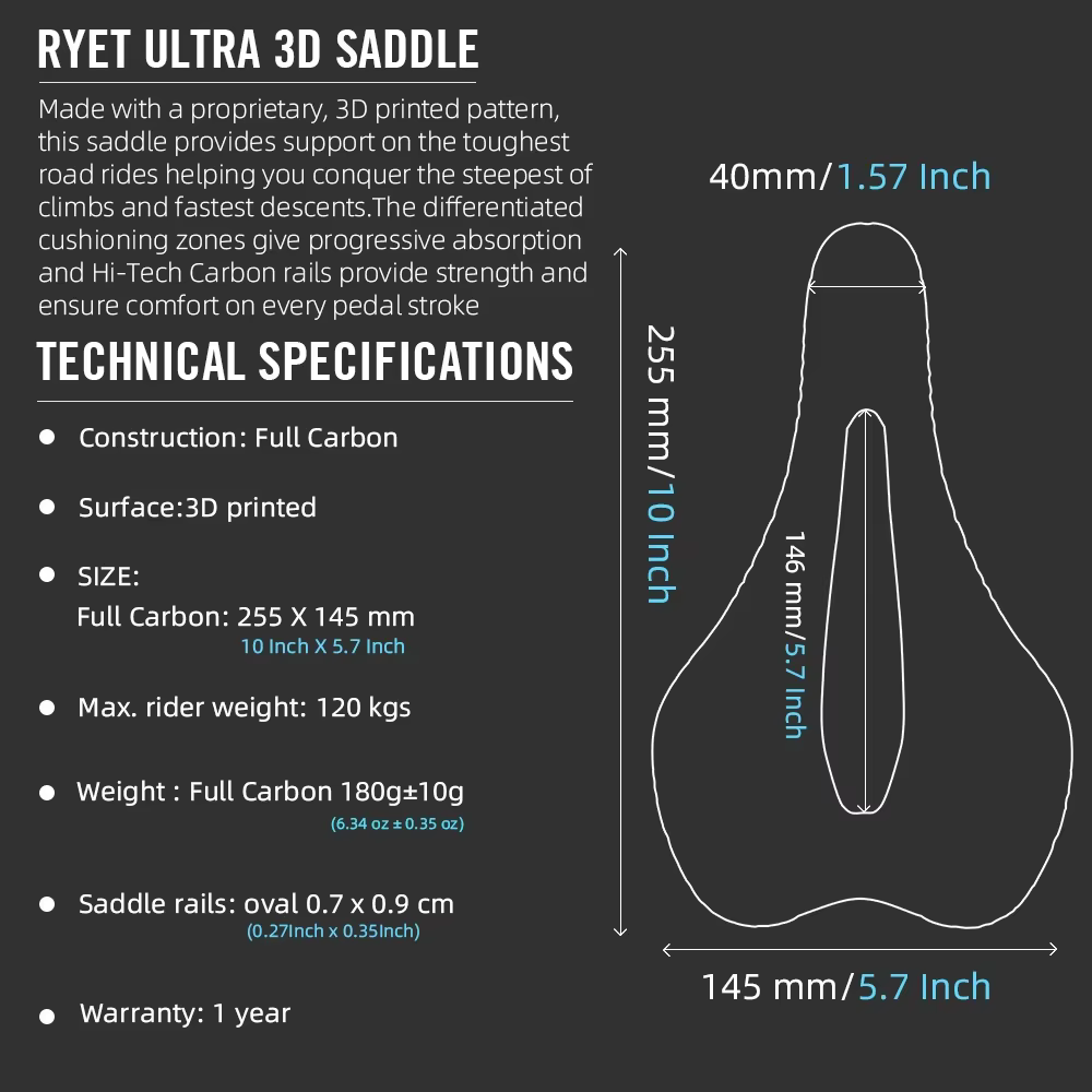RYET carbone 3D imprimé selle de vélo 145mm Super léger route vtt montagne course