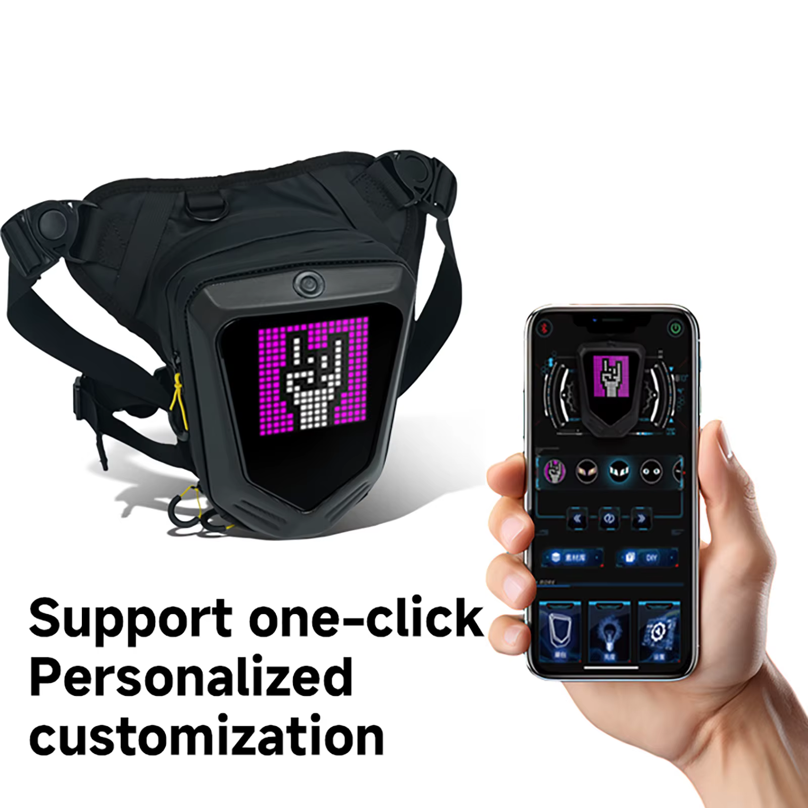 Sac latéral de jambe de vélo de moto LED bricolage application intelligente affichage sac à dos en plein air sac de