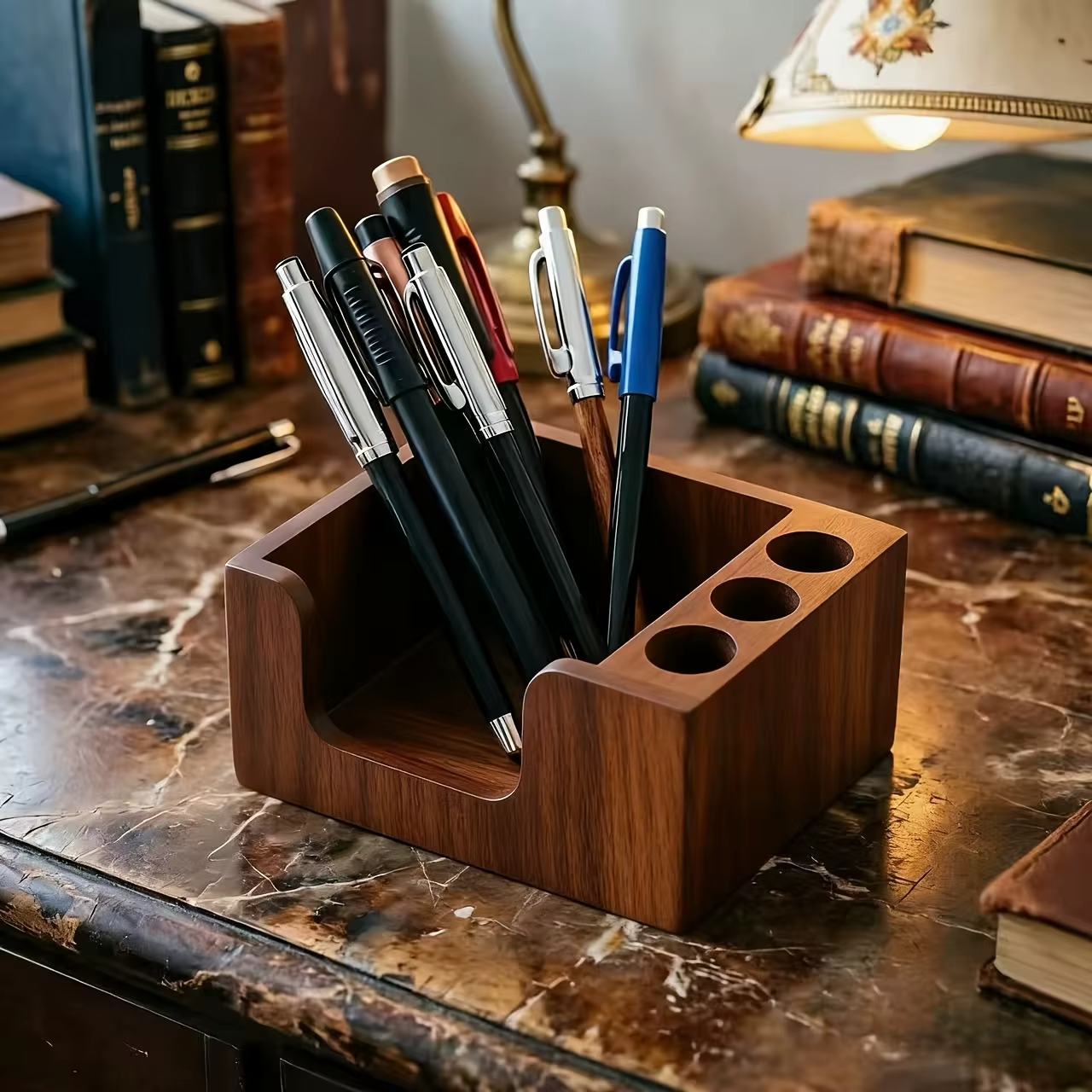 Organisateur de bureau en bois naturel avec porte-stylos, multi-compartiments pour fournitures de bureau. Décoration simple, cadeau idéal pour son espace de travail.