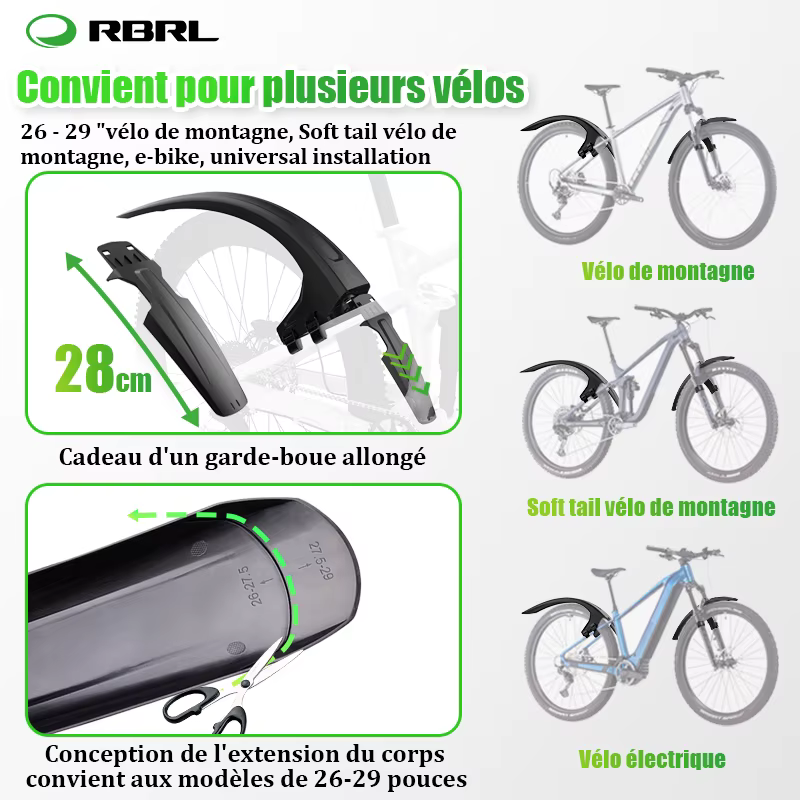 RBRL garde-boue de vélo élargi étendu Compatible avec 3 "largeur de pneu 26-29
