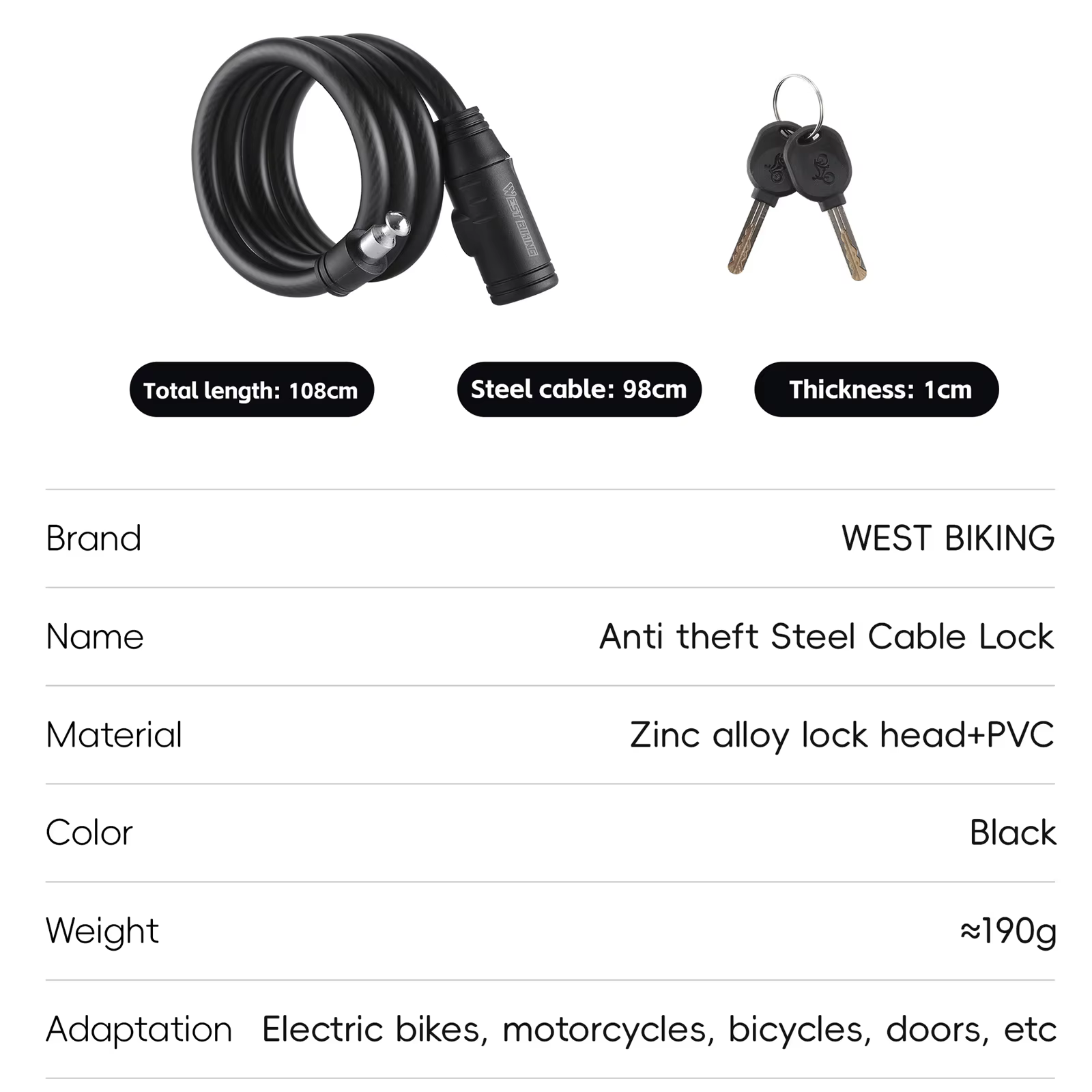 Serrure de câble en acier pour vélo