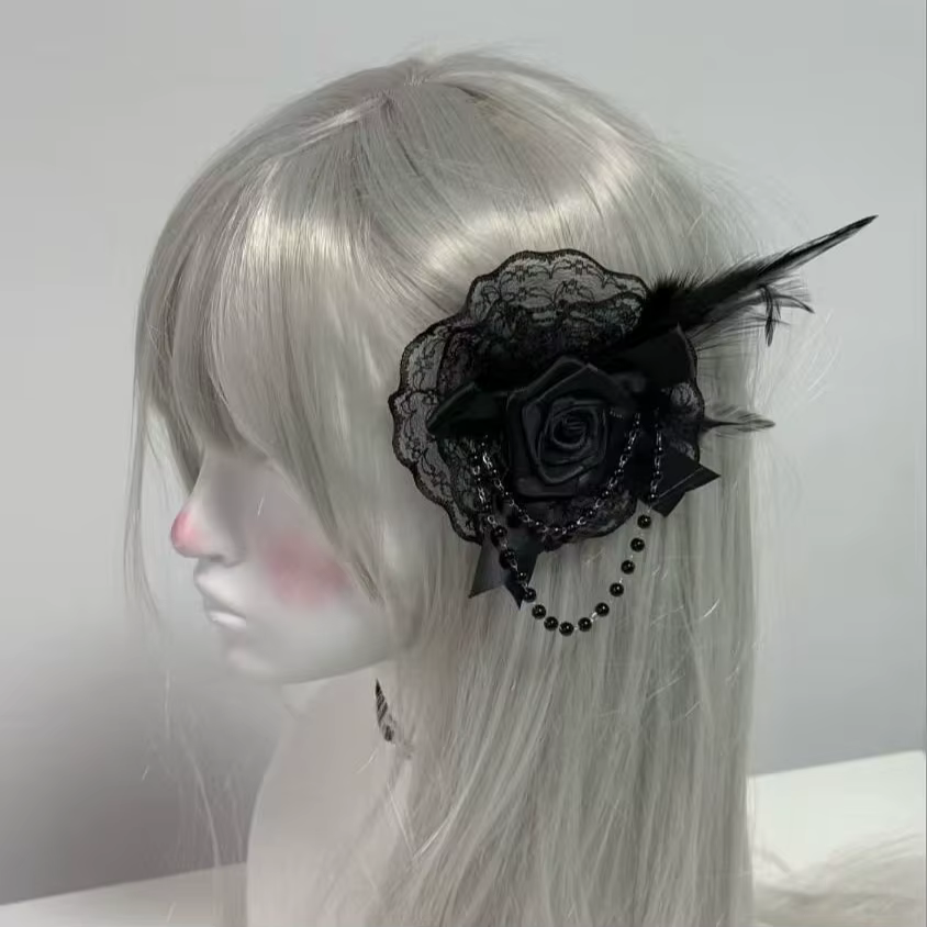 Accessoires pour cheveux Lolita gothiques rétro foncé, plumes de Rose, couvre-chef en dentelle, boule de fleur, pinces à cheveux, sous-culture, Style doux, Kawaii
