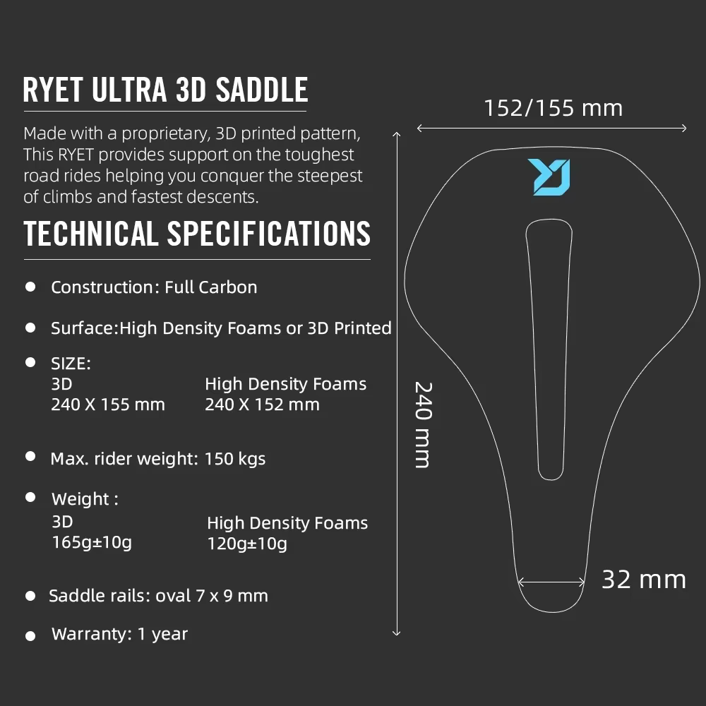 RYET 3D imprimé 155mm selle de vélo entièrement en carbone 7x9 ultraléger 120g siège