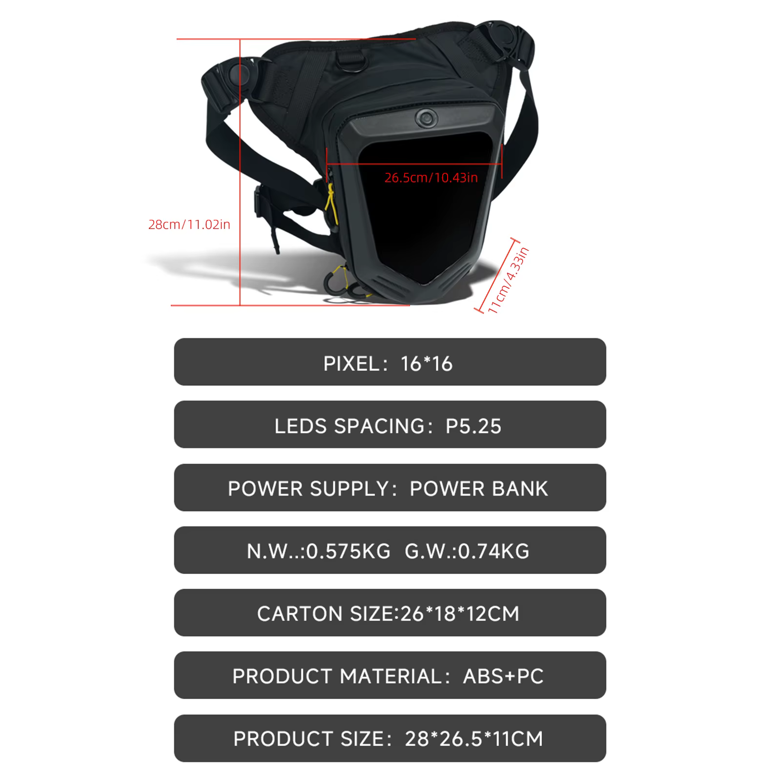 Sac latéral de jambe de vélo de moto LED bricolage application intelligente affichage sac à dos en plein air sac de