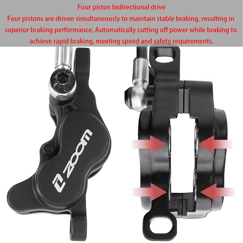 Frenos hydrauliques pour vélo électrique à 4 pistons ZOOM Fenêtre à huile visible et technologie de mise hors tension intelligente pour une sécurité et un contrôle ultimes