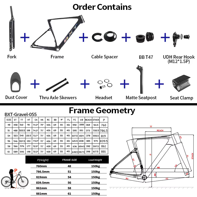 Cadre de vélo de gravier en fibre de carbone BXT T1000