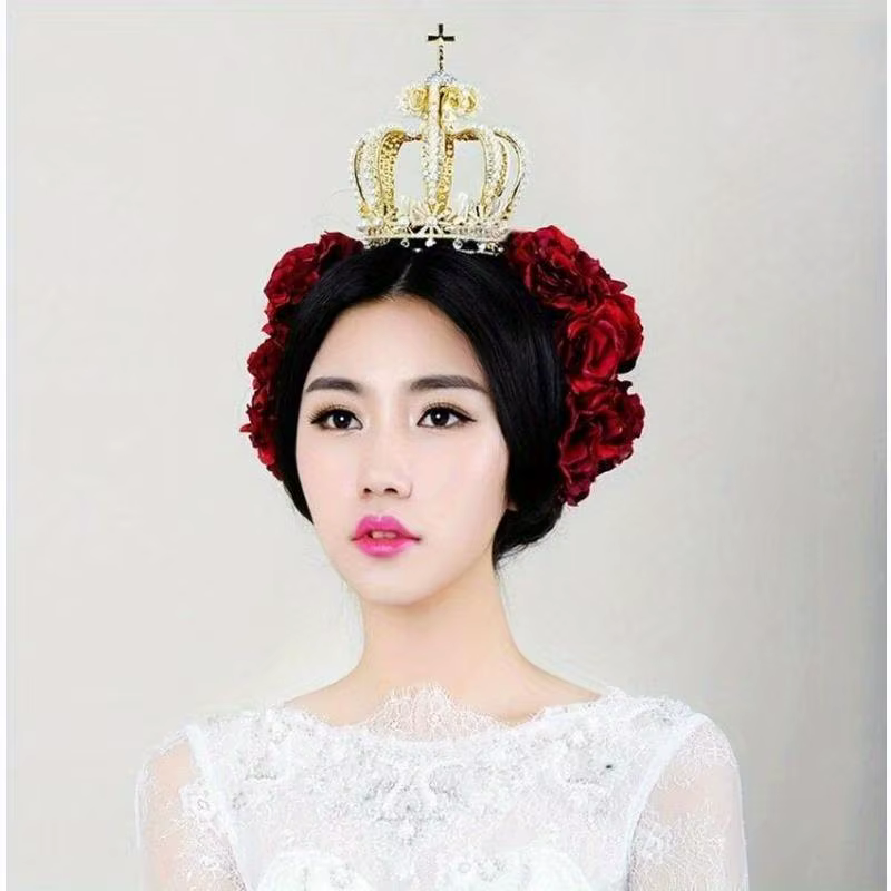 Accessoires de cheveux de mariée : Couronne de mariage en alliage, style baroque croisé, ornée de cristaux et de perles, diadème de mariée