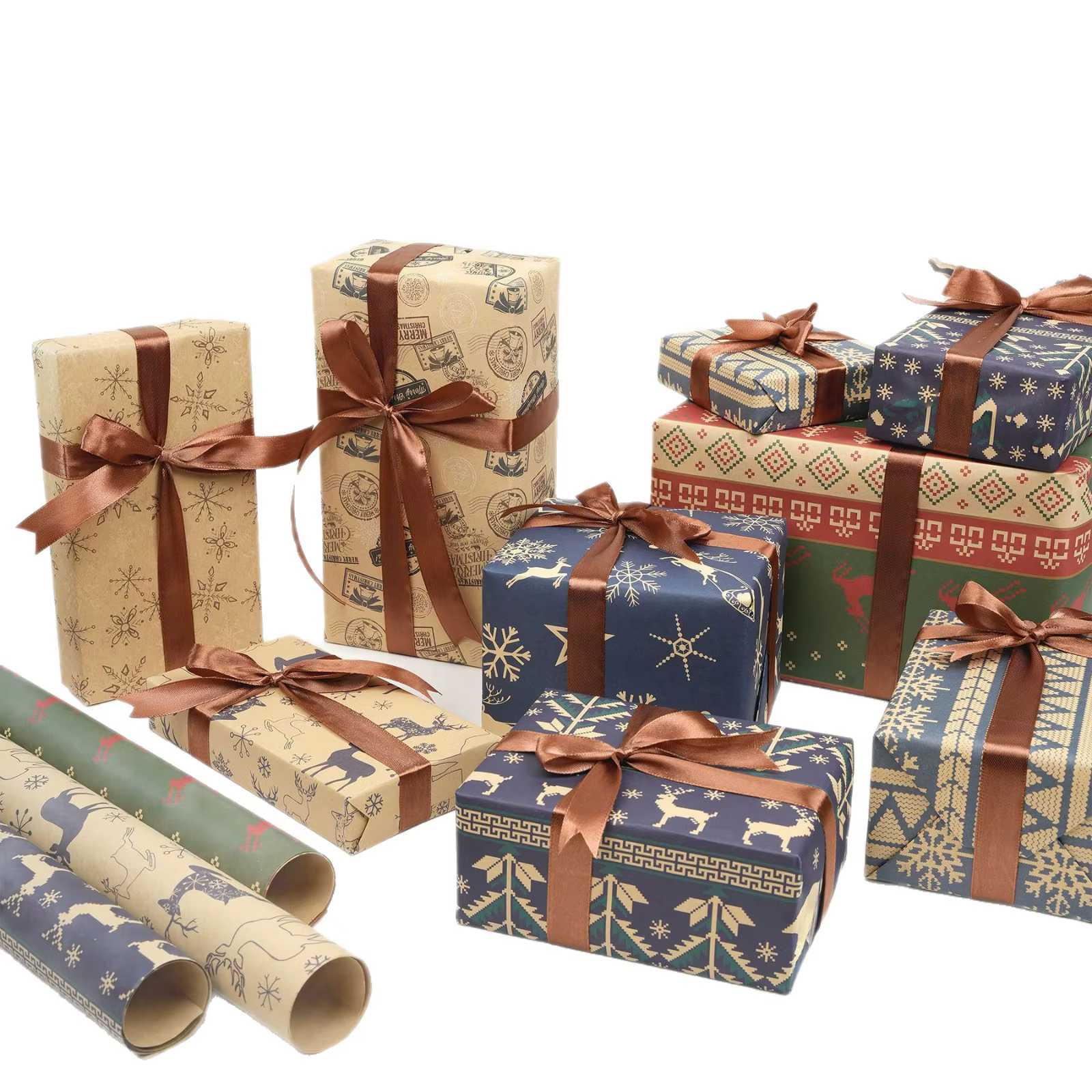 Série de papier cadeau kraft de Noël, utilisée pour la décoration de boîtes cadeaux, en forme de rennes et d'arbres de Noël, fabriqué à partir de matériaux écologiques et recyclables, cadeau de Noël !