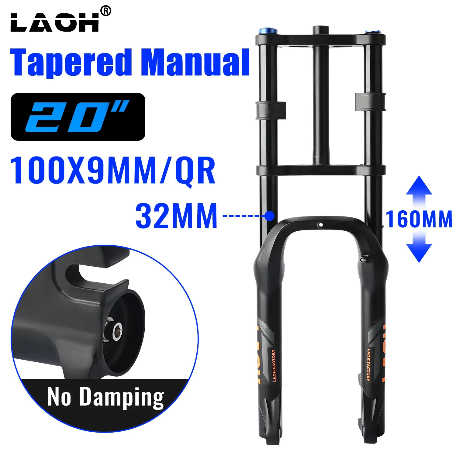 Fourche de suspension LAOH 20 pouces pour vélo, avec pneu 4.0, débattement 160 mm, double épaule, QR 9 mm, tube droit, pour VTT, Fat Bike, neige et plage