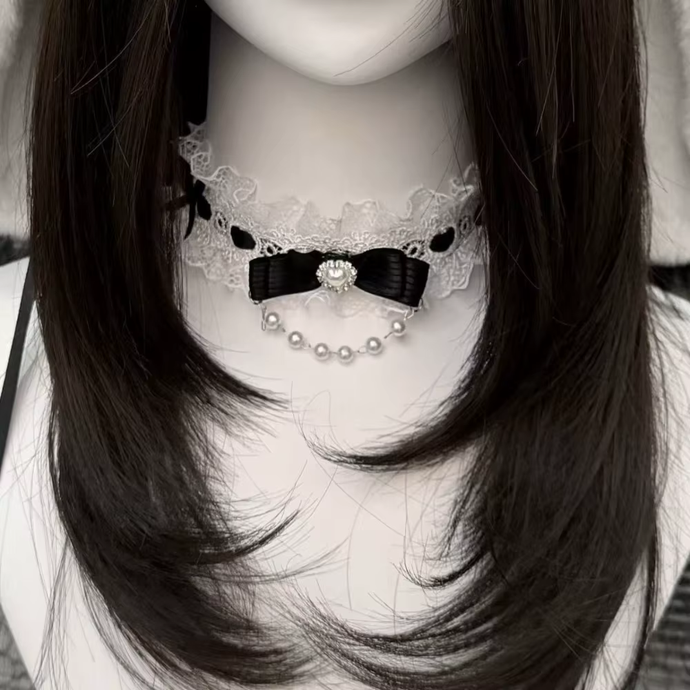 Collier ras du cou tendance en dentelle avec nœud et volants pour femme, style Lolita, collier ras du cou en perles pour filles, accessoires mignons pour le cou