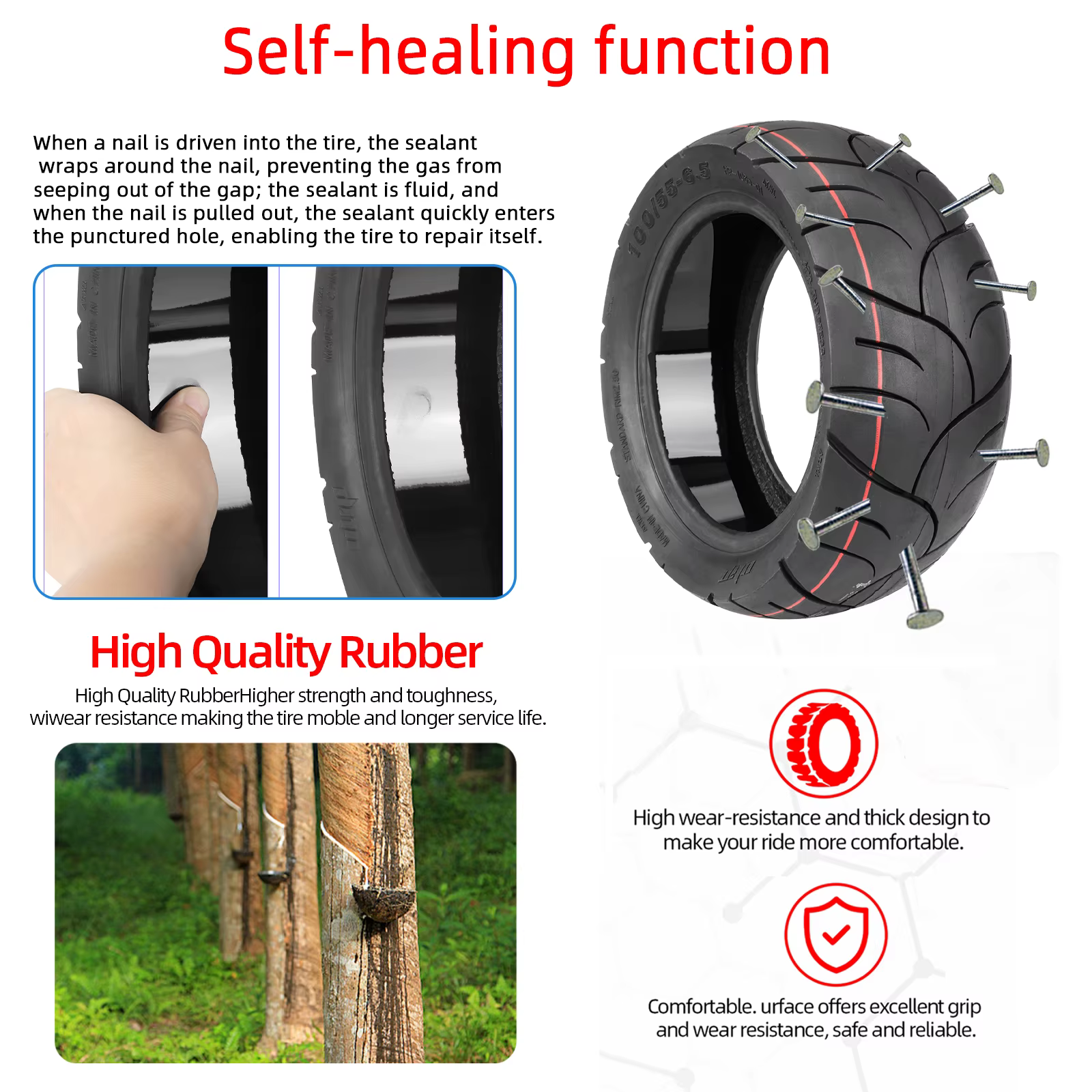 Ulip 11 pouces 100/55-6.5 pneu Tubeless auto-cicatrisant pour Scooter électrique avant et arrière construit colle