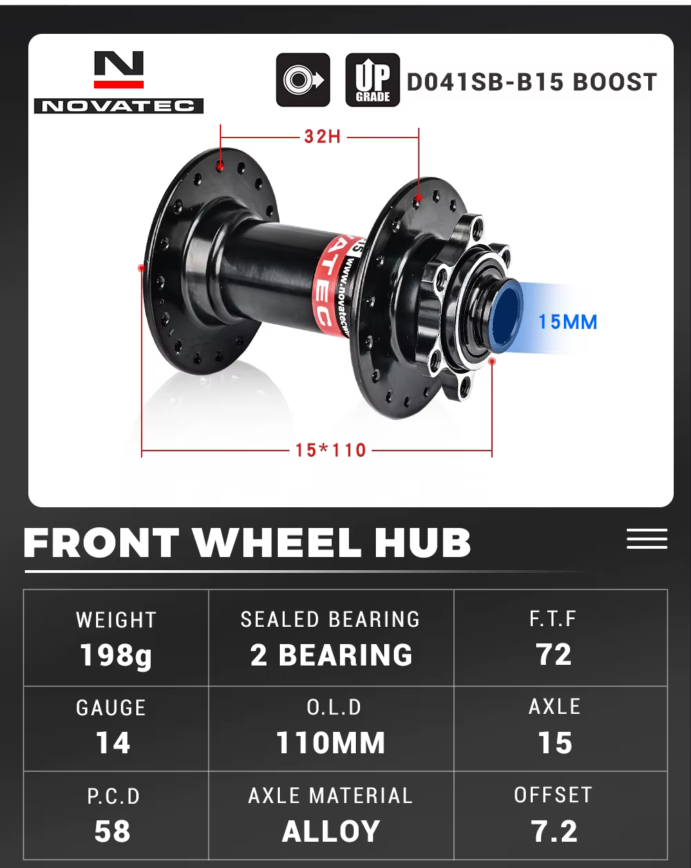Moyeux de vélo Novatseats D041SB-B15 D042SB-B12 BOOST Avant 110*15MM Arrière 148*12MM En Acier Inoxydable HG Freehub 8 9 10 11 Vitesse 32 Trou