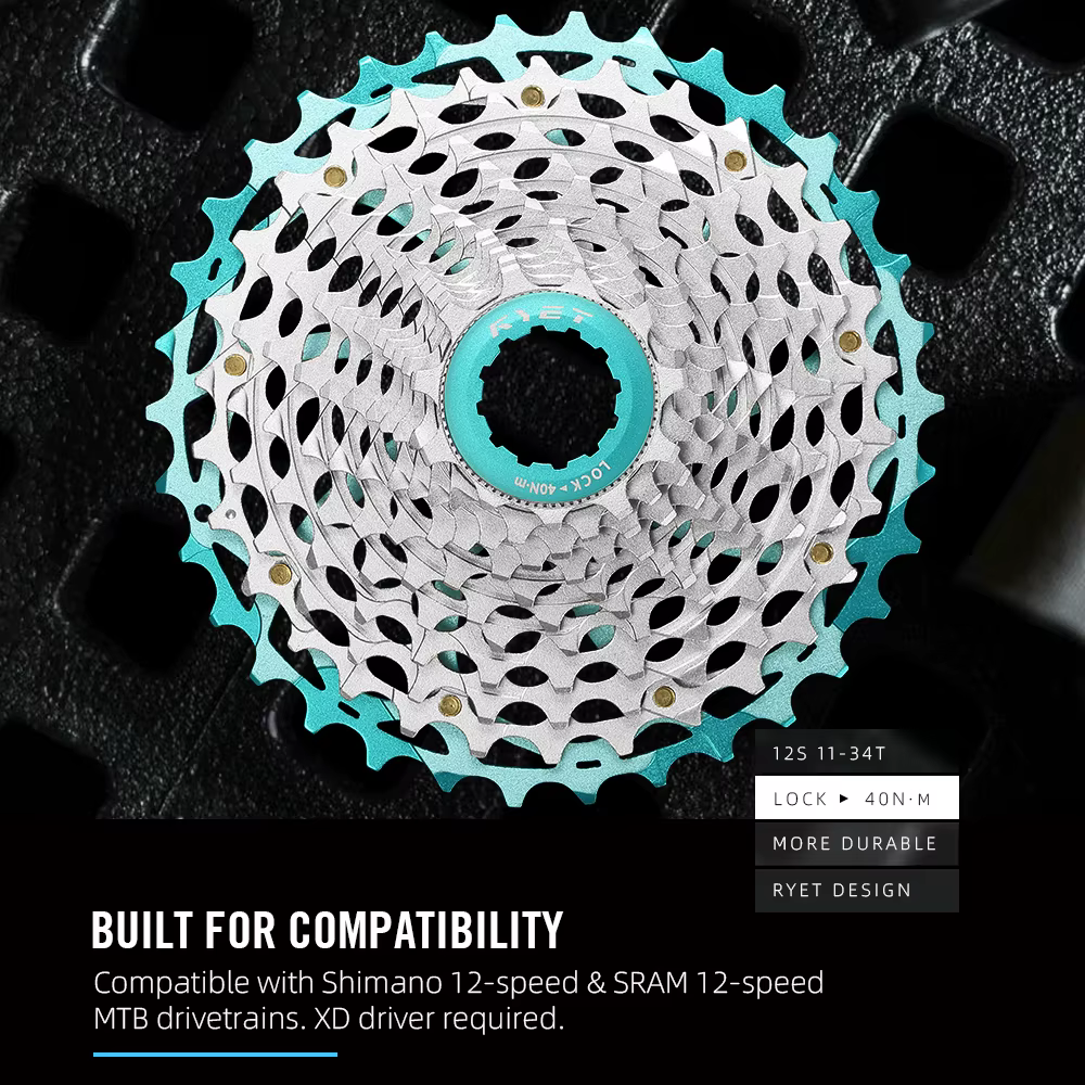 Cassette RYET Ultralégère 230g 11-34T 12S CNC Alu/Acier HG pour Vélo de Route et Gravel Shimano K7