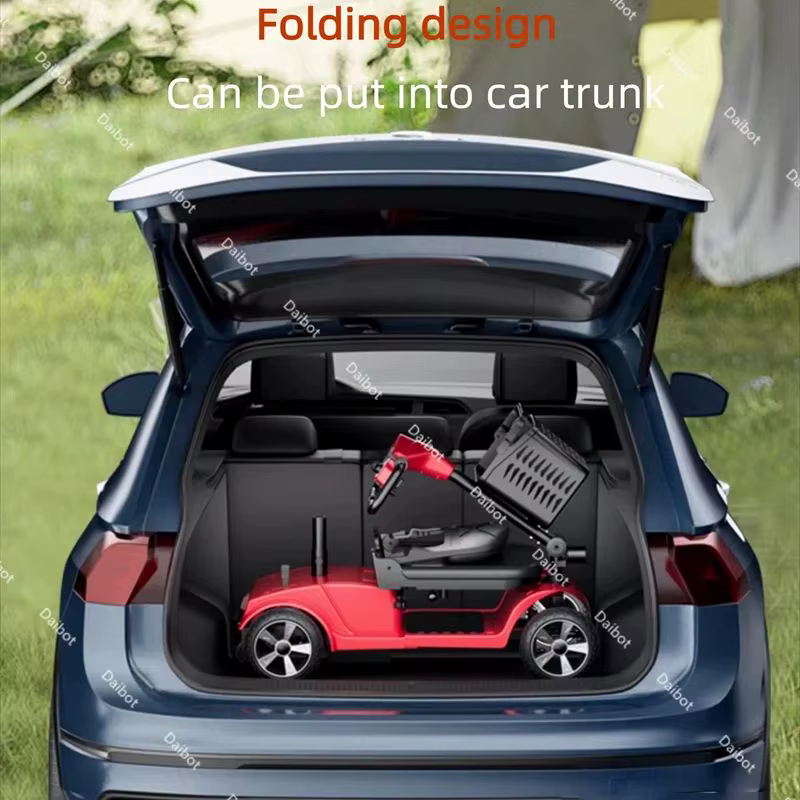 Scooter électrique pliant adulte Scooter de mobilité à quatre roues jaune pré-assemblé 300W 24V avec siège 360 ° Accoudoir rotatif/réglable