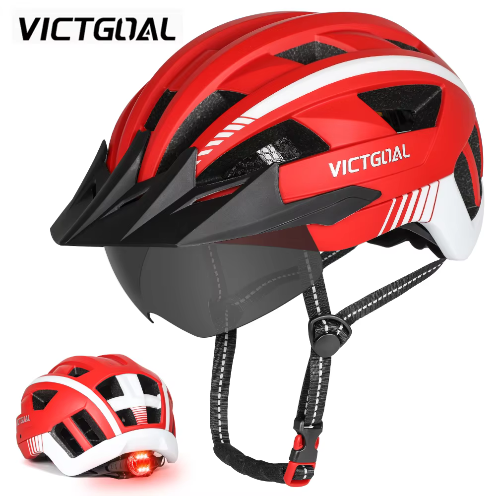 VICTGOAL LED casque de vélo avec pare-soleil lunettes pour hommes femmes Scooter vtt casques de cyclisme sur route