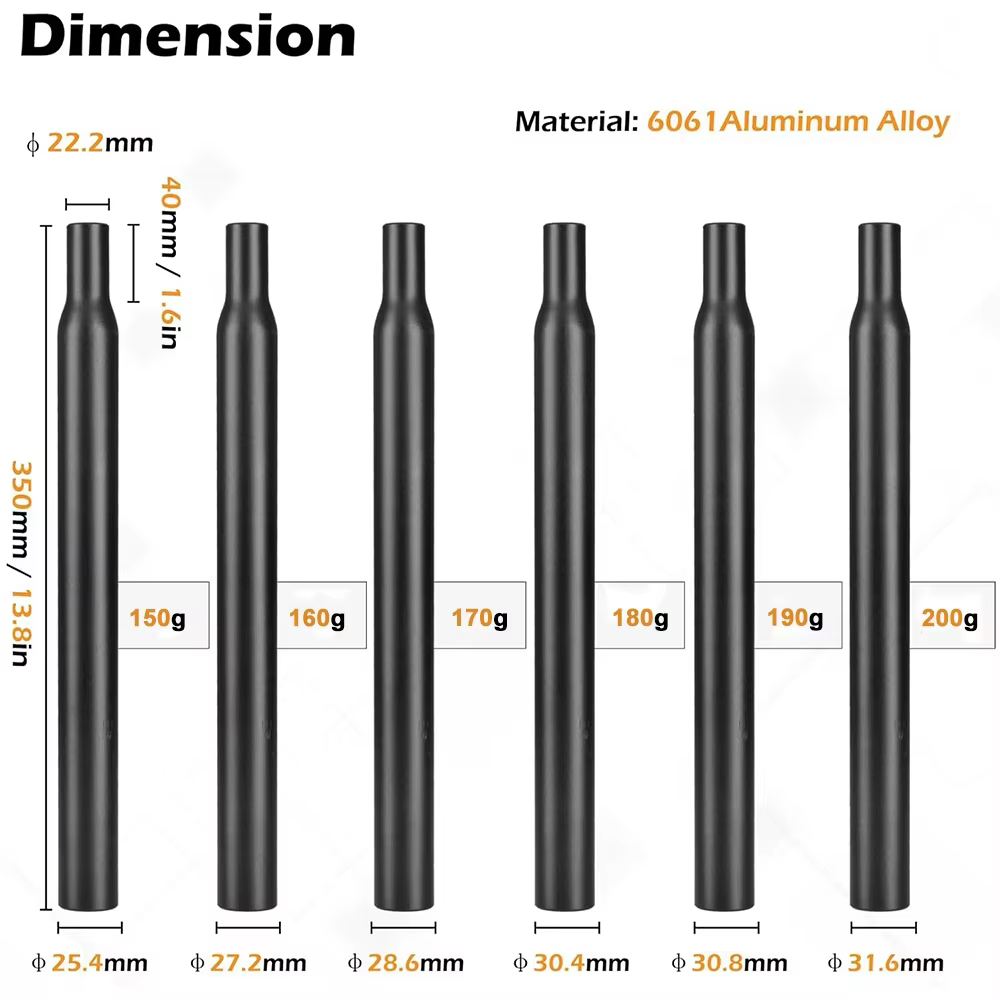 Tige de selle de vélo 25.4/27.2/28.6/30.4/30.8/31.6mm en alliage d'aluminium 350mm de longueur pôle