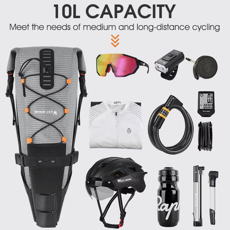 WEST BIKING – sac de selle de vélo pliable sous le siège, 10l, 100% étanche, pour outils, sacoche arrière pour vtt, cyclisme sur route
