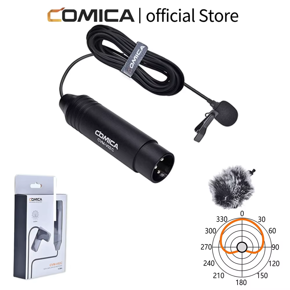 Microphone cravate cardioïde COMICA CVM-V02C 1,8 m XLR avec pince de fixation, bonnette anti-vent et filtre anti-vent pour Vlog/Interview/Diffusion