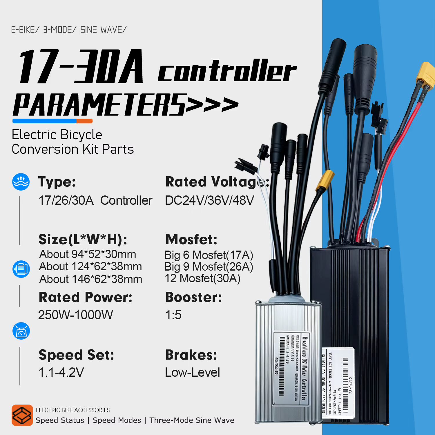 Contrôleur de moteur sans balais à onde sinusoïdale pour vélo électrique 24/36/48V 250W-1000W 17A 26A 30A avec écran