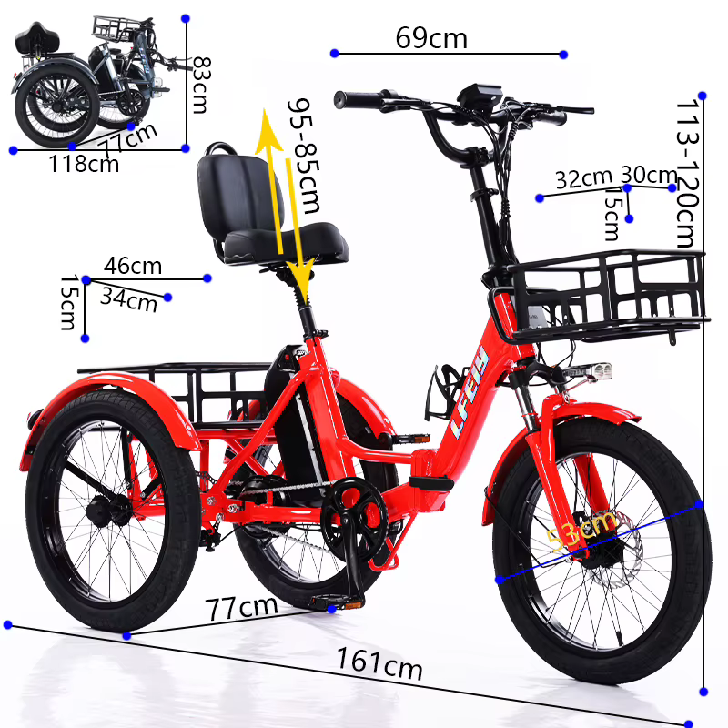 Tricycle électrique adulte Mini voiture véhicule cargo pliable 48V 350W 3 roues vélo