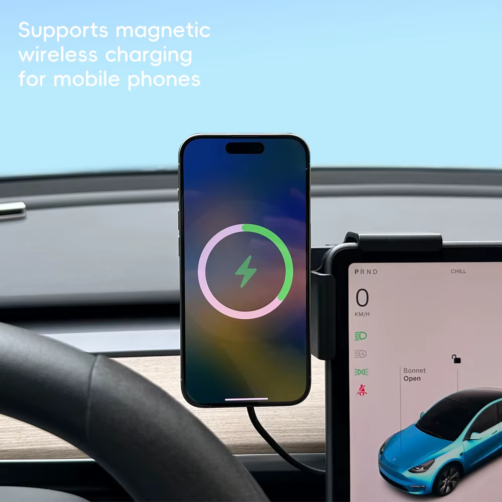 Support de téléphone pour voiture avec chargeur sans fil magnétique Qi2.2 15W et 25W compatible MagSafe pour Tesla Model Y 3 JUNIPER 2026