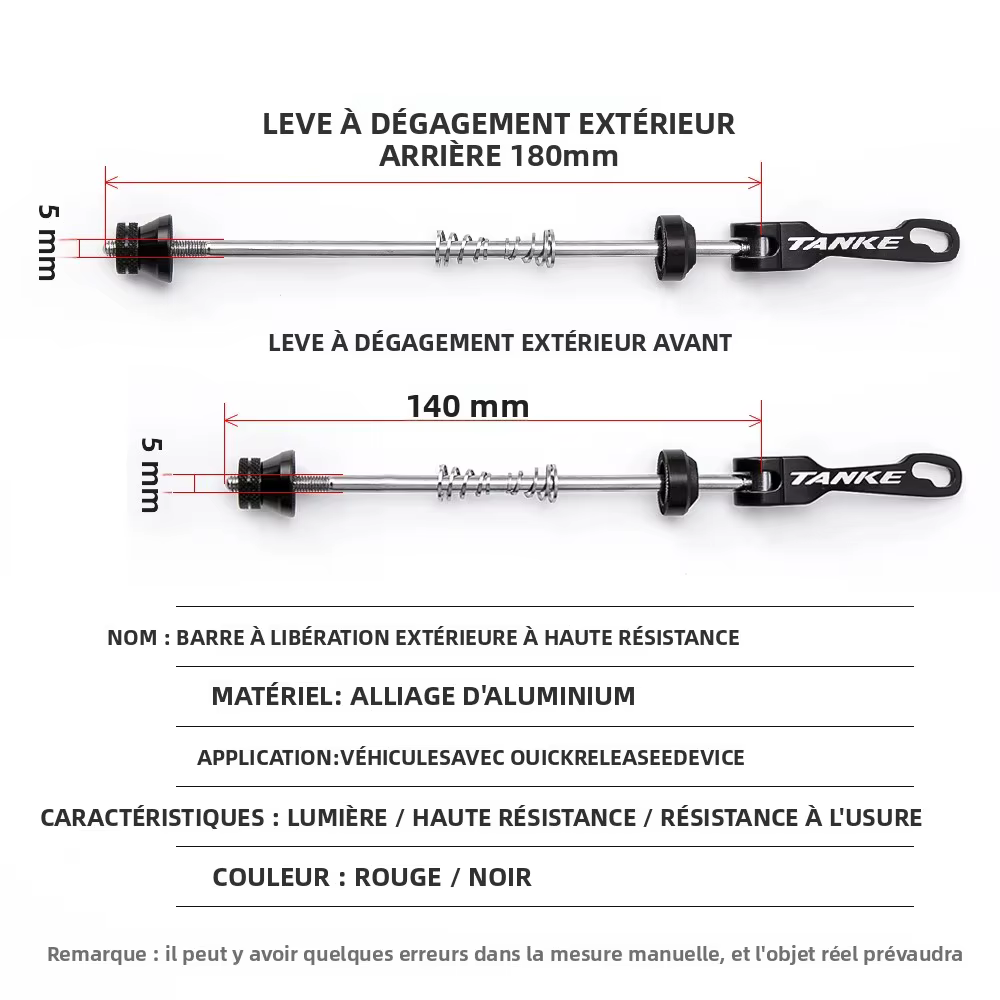 TANKE vélo boulon à dégagement rapide moyeu brochettes levier essieu route VTT pièces de rechange pour avant 100mm arrière 135mm
