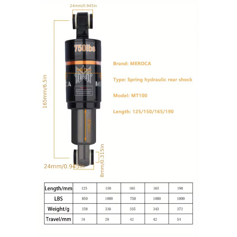 Amortisseur arrière de vélo 125 150 165 190mm ressort à huile pour VTT vtt vtt Scooter électrique Suspension