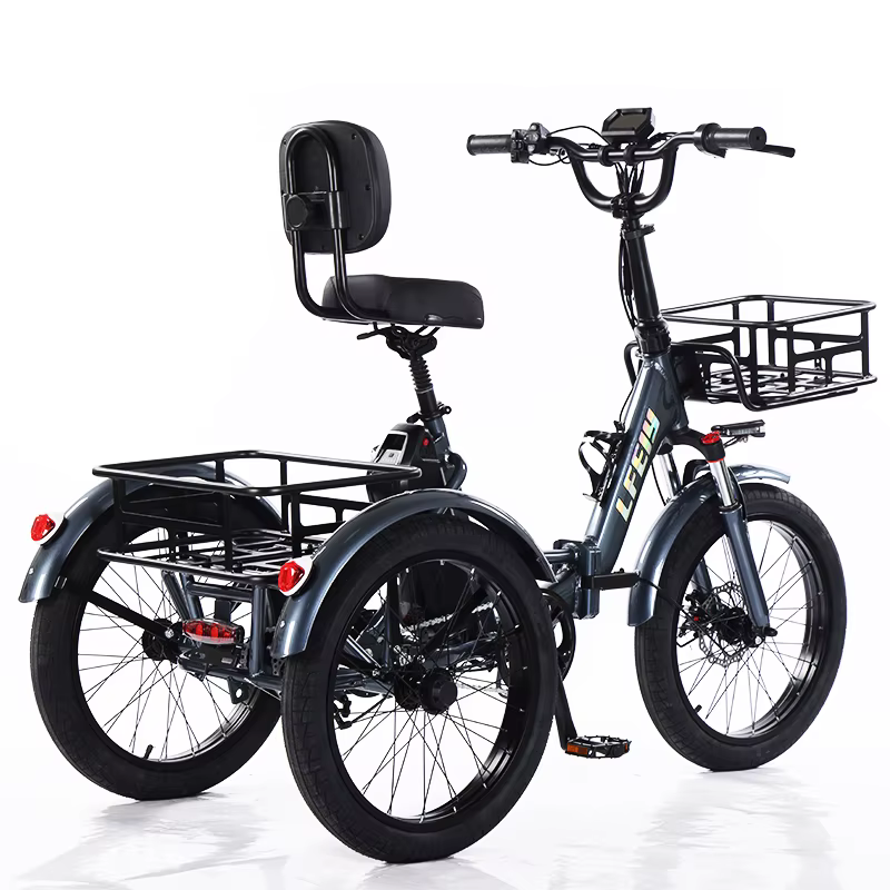 Vélo électrique Cargo 3 roues pliant homme adulte hors route montagne avec 2 paniers/siège réglable 350W gros pneu