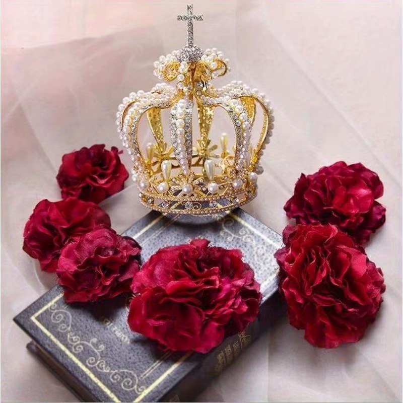 Accessoires de cheveux de mariée : Couronne de mariage en alliage, style baroque croisé, ornée de cristaux et de perles, diadème de mariée