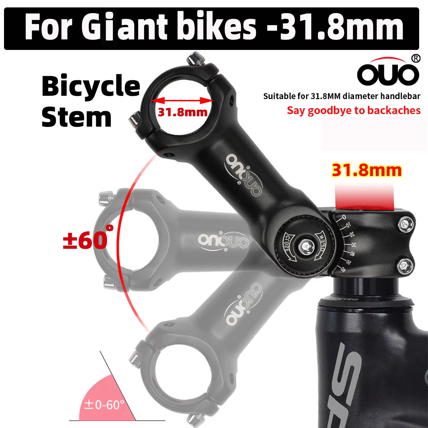 OUO tige de vélo réglable 31.8mm tige de guidon vtt Riser pour géant OD2 31.8mm tube de fourche 0-60 degrés vtt puissance vélo 90/110/120