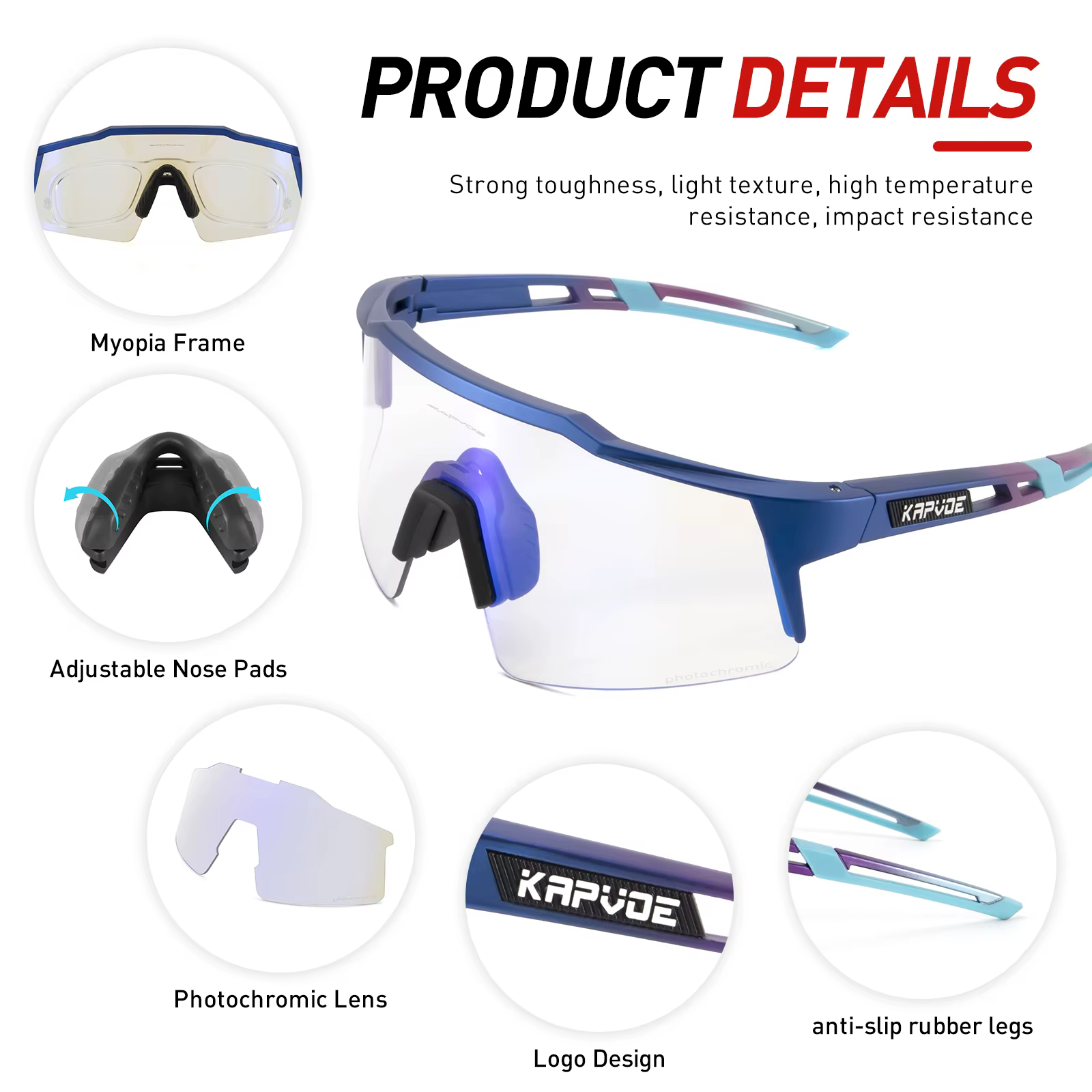 Kapvoe rouge photochromique cyclisme lunettes de soleil pour hommes bleu photochromisme