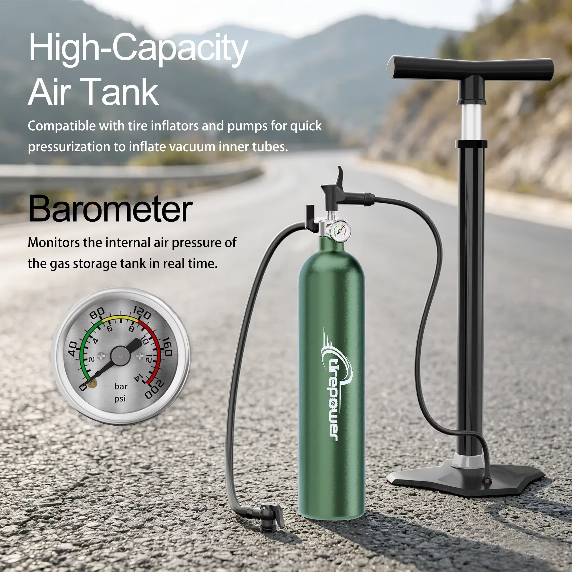 Pompe à vélo 1,3 L, gonfleur sans chambre à air, bouteille d'air pour pneus, booster de pneus avec valve, cylindre à gaz avec manomètre pour VTT et vélo de route