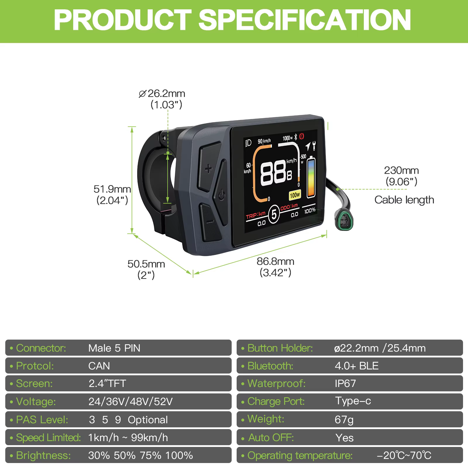 Afficheur E-Bike EKD01 avec protocole CAN et navigation Bluetooth
