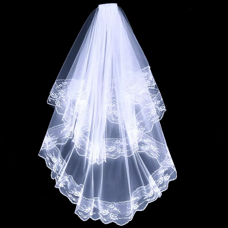 Voile de mariée d'Halloween pour femmes avec bord en dentelle, voile de mariée en tulle à 2 niveaux