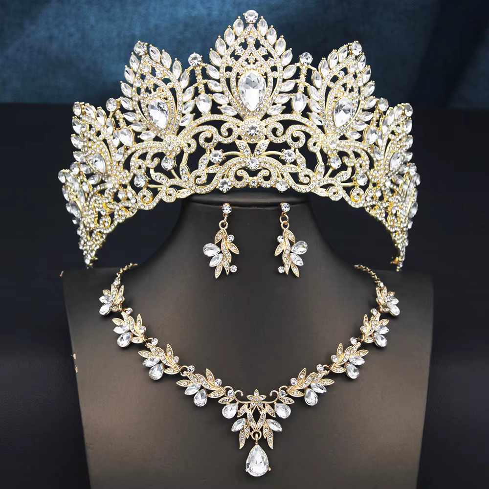 Parures de bijoux de mariée de luxe pour femmes : collier, boucles d'oreilles et couronne de princesse, accessoires de costume