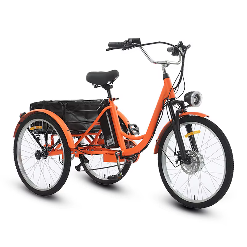 Orange 3 roues adulte vélo électrique Cargo Trike 250W avec panier arrière amovible Booster