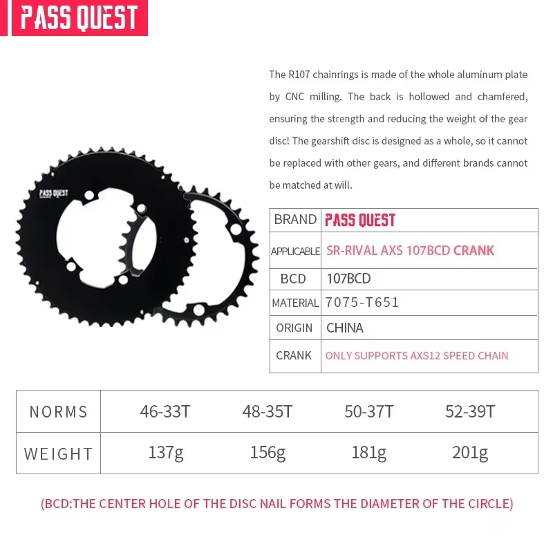 PASS QUEST 107BCD 2 × AERO Chainrings 46-33T 48-35T 50-37T 52-39T pour SRAM FORRival