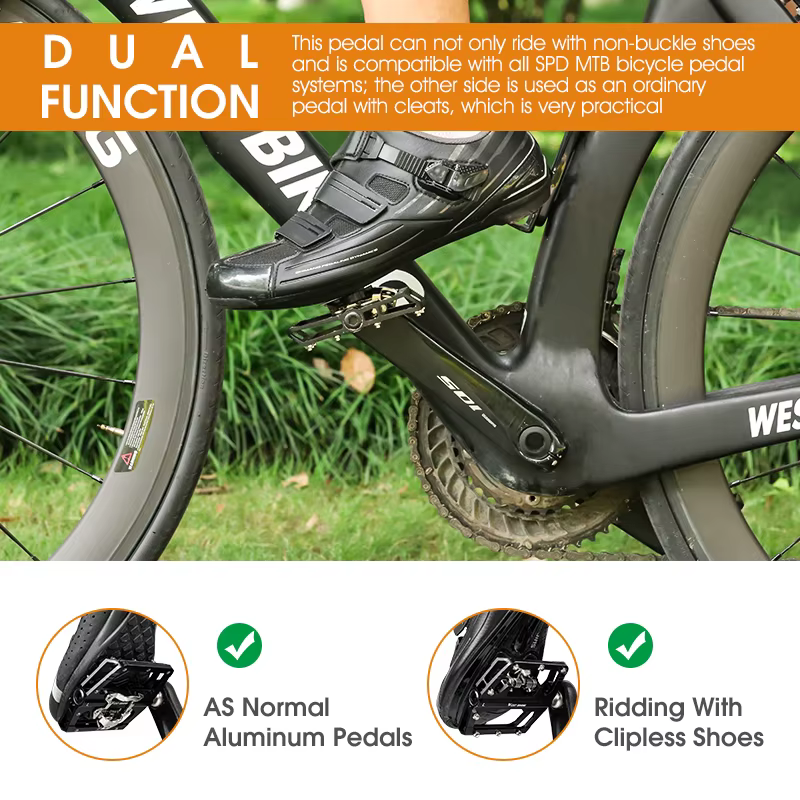 WEST BIKING pédales de vélo 2 en 1 double fonction Plat & SPD pédale sans clip roulement scellé