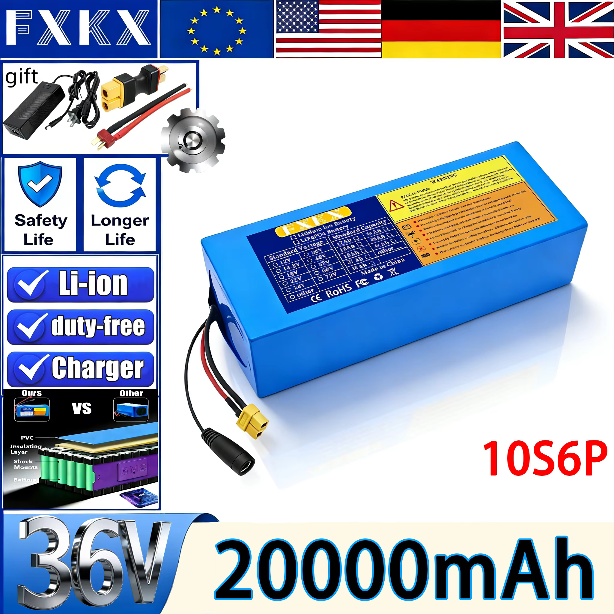 Batterie au lithium 36V 20Ah 18650 10S6P flambant neuve avec BMS 500-1000W pour pack