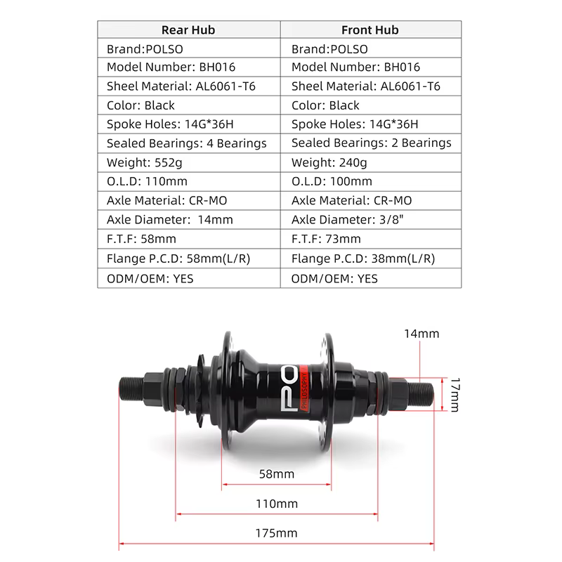 POLSO BH016 BMX Hub 100x3/8 110x14mm BMX moyeux avant et arrière pièces de vélo en alliage d'aluminium