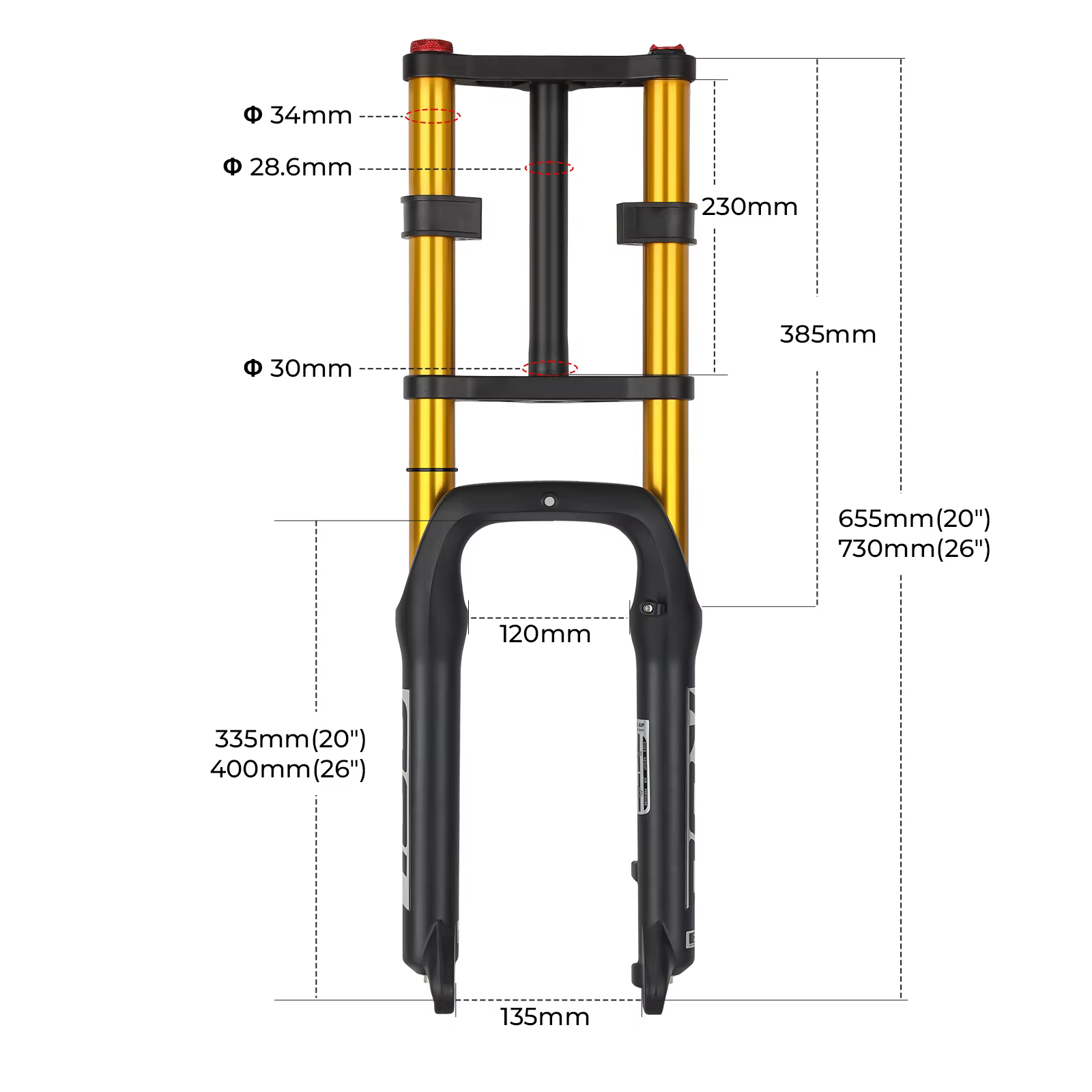 Fourche à air double suspension BOLANY 20x4.0 pouces pour vélo électrique à pneus larges, débattement de 130 mm, en alliage d'aluminium