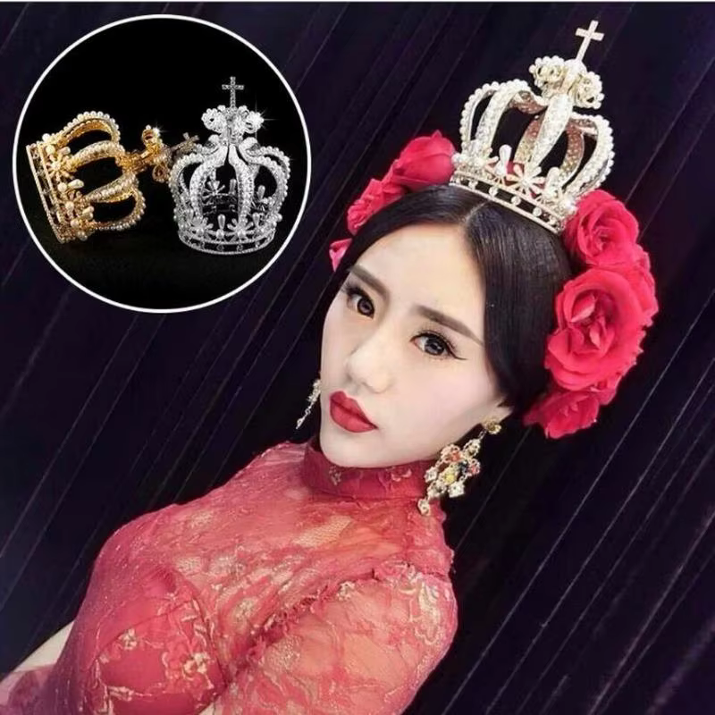 Accessoires de cheveux de mariée : Couronne de mariage en alliage, style baroque croisé, ornée de cristaux et de perles, diadème de mariée