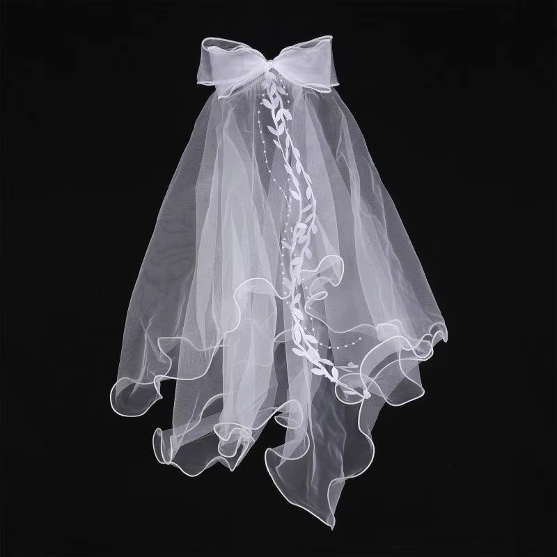 Voile de mariée en tulle pour femme, deux couches, simple et élégant, avec nœud et bordure en dentelle, avec clip pour fête de mariage
