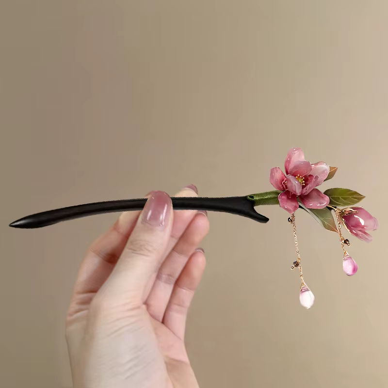 Épingle à cheveux florale de Style chinois, pompon de fleur rose, accessoire de cheveux élégant Hanfu traditionnel rétro pour femmes, fête quotidienne