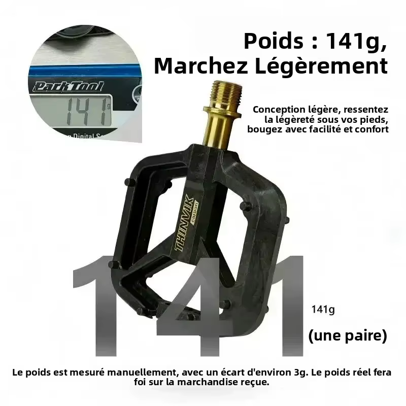 THINVIK Pédales de vélo plates ultralégères en fibre de carbone 141g avec axe en titane 3 roulements plateforme plate antidérapante pour vélos de route VTT