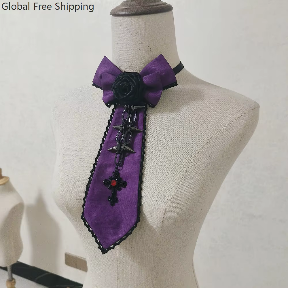 Cravate gothique lolita, cravate à rose, croix médiévale, accessoires de cosplay gothique, style punk pour femmes, col détachable, accessoire d'uniforme JK
